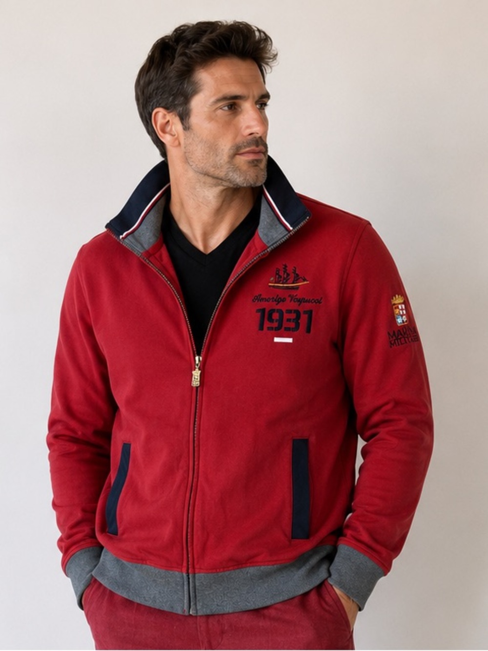 Men's Red Bomber Jacket with Navy Trim. BB24
